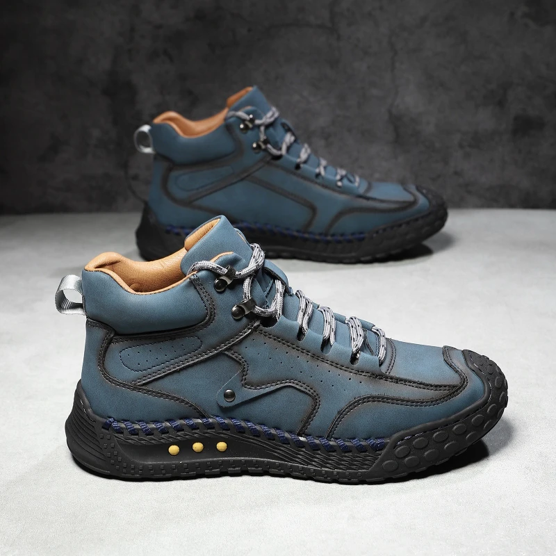 New Men Leather Ankle Boots Outdoor Casual Boots Vintage Soft Sneakers Flat Lace-up Boots Handmade Large Size Mens Shoes Botines