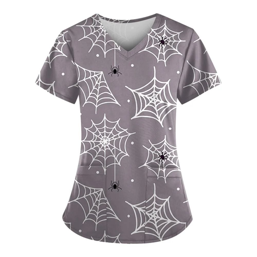 ハロウィン レディース Tシャツ Vネック 女性用作業服 新しいパンプキン 3D プリント ナースユニフォーム、パンプキンブラウス、ポケットワークウェア