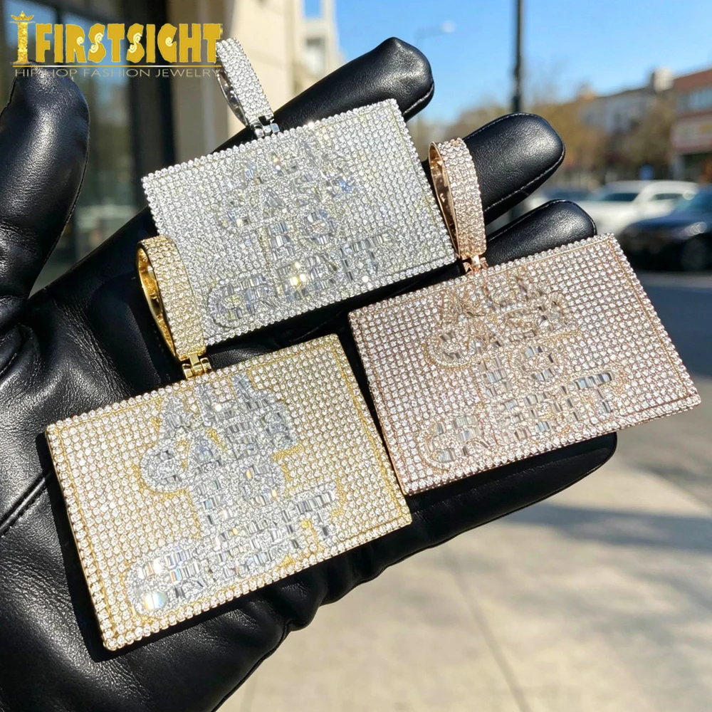New Hip Hop Cubic Zirconia Bling Cz Letter Iced Out All Cash No Credit Necklace Pendant Fashion Jewelry for Men's