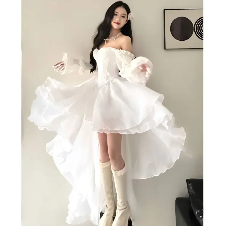 Elegant Sweet One Shoulder Dresses Summer Fashion New Long Sleeve Dress for Women Y2k Slim Waist White Vestidos De Mujer - Image 2