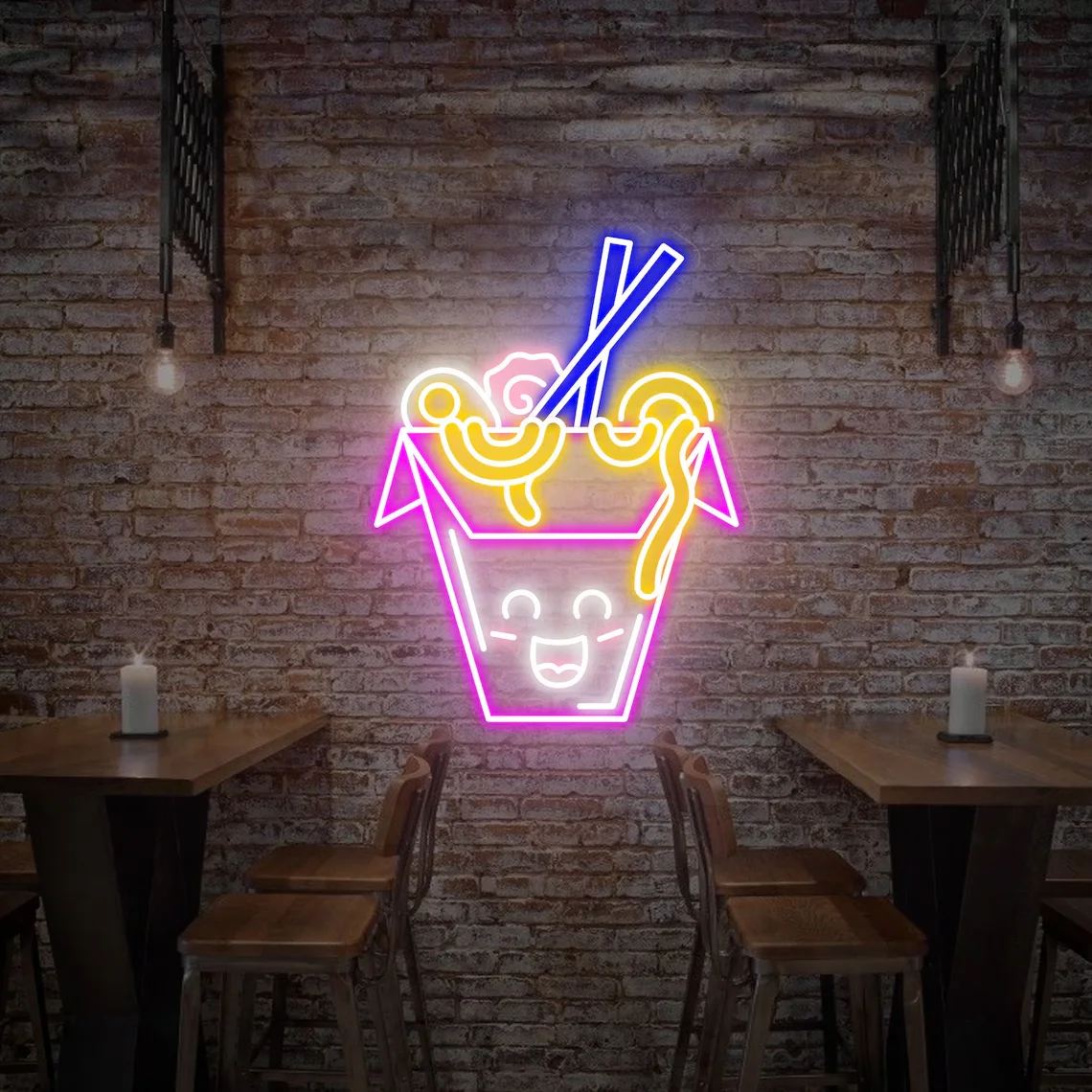 

Ramen Noodle Neon Sign Vintage Food Customized Smile LED Lights Anime Face Handmade Ramen Home Decor Restaurant Business Shop