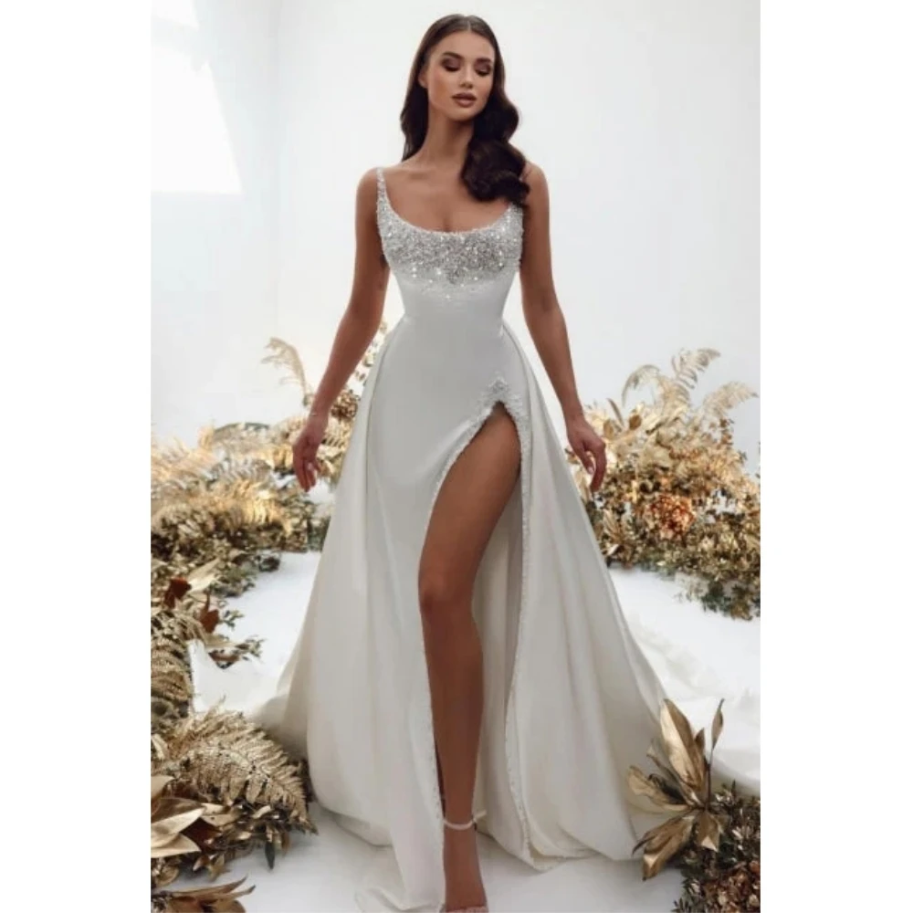 Sexy Seitens chlitz Brautkleider eine Linie funkeln Perlen fegen Zug Ballkleider o Hals Frau formelle Braut Strand party Vestidos