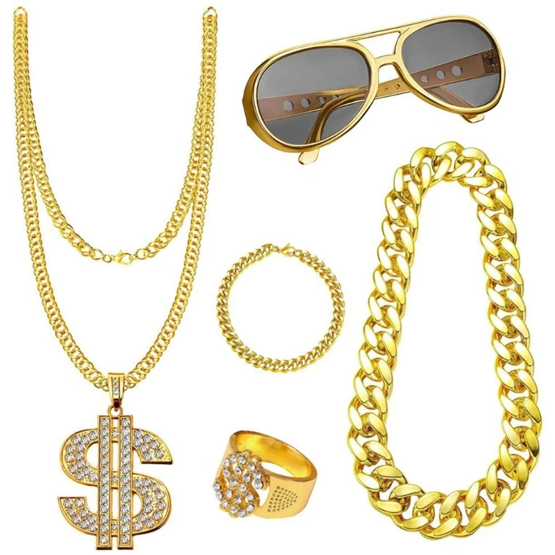 Hip Hop Costume Kit 80s/90s Rapper Accessories Hat Sunglasses Gold Chain Rings Outfit for Men Women Halloween Cosplay