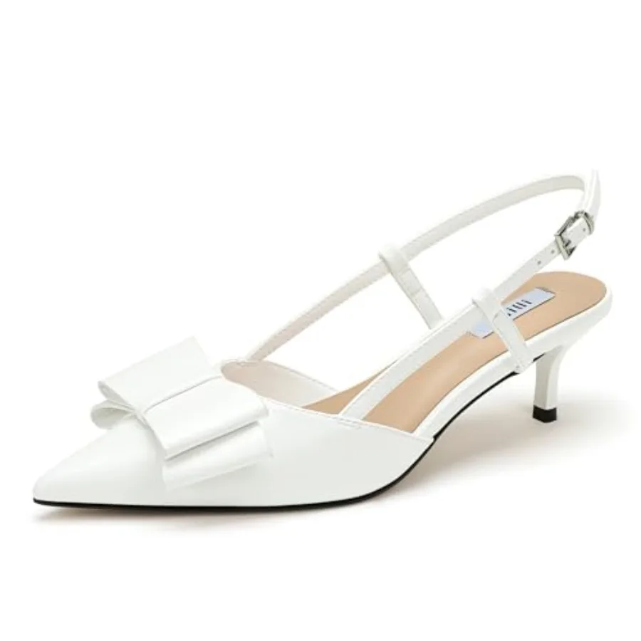 

IN2 Bow Slingback Heels Low Kitten Heels Closed Pointed Toe Pumps Low Heel Dress Pumps Shoes Buckle Strap Comfort Bridal Weddin