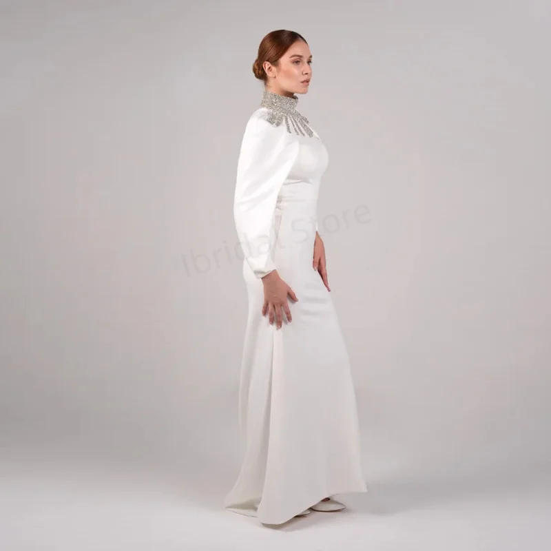 Maßgeschneiderte elegante Ballkleider, bodenlang, Stehkragen, volle Ärmel, Abendkleid, Kristallperlen, drapiertes Partykleid
