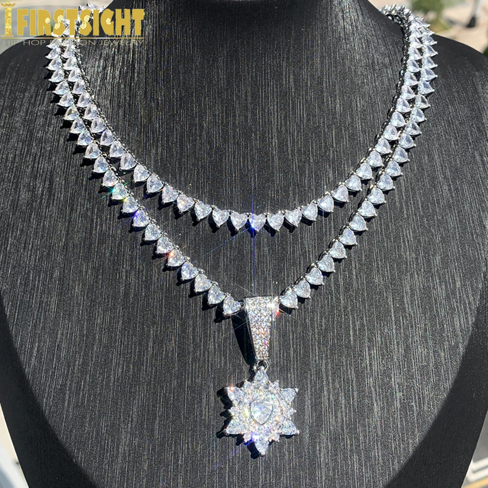 

New Iced Out Star Heart Pendant Necklace Silver Color Cubic Zircon 5A Heart CZ Tennis Chain For Women Fashion Hip Hop Jewelry