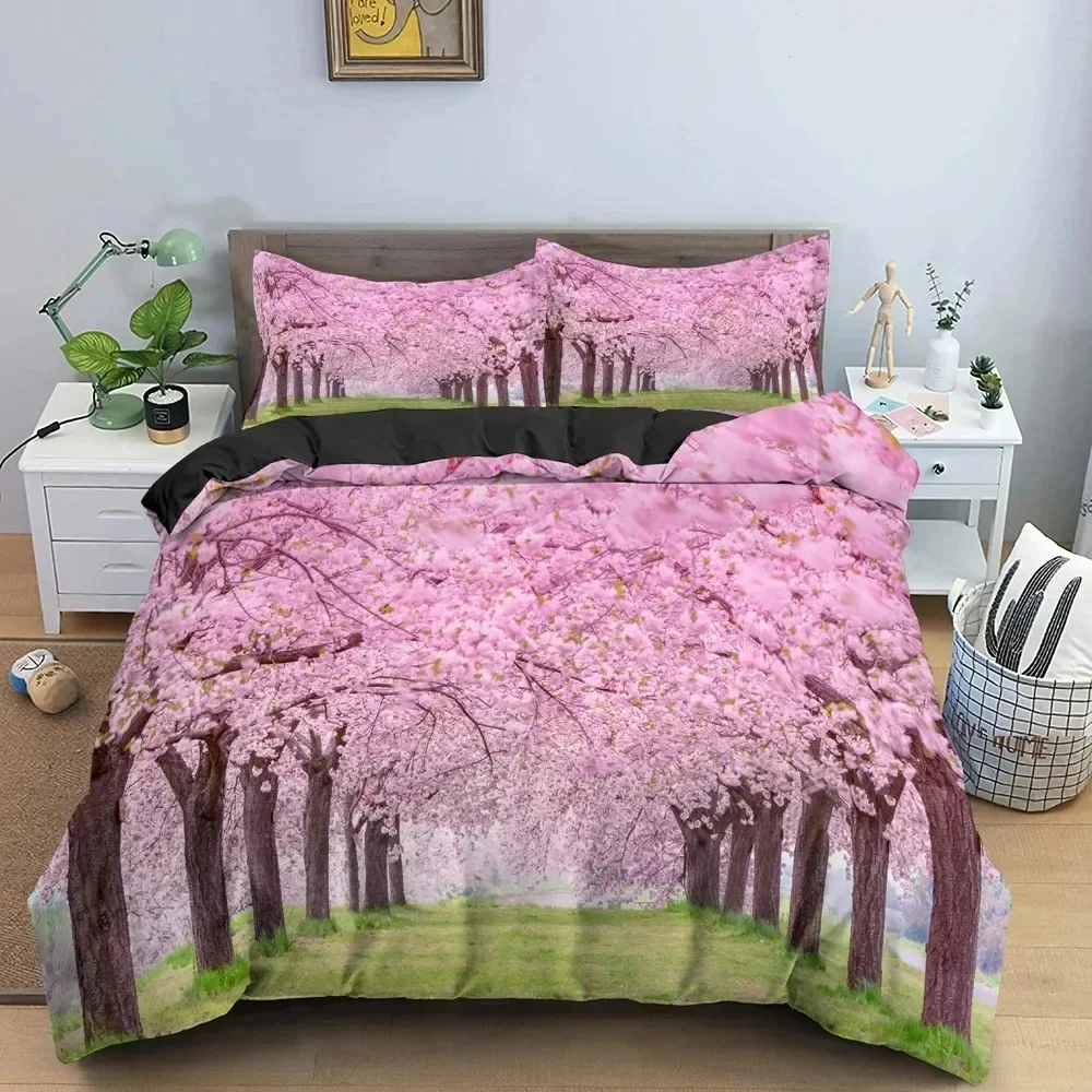 Beautiful Cherry Blossoms 3D Flowers Scenery Comfortable Duvet Quilt Cover Pillowcase Bedding Set Children Bedroom Home Textile