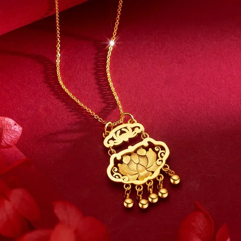 

9999 Real Gold 24K Enamel Retro Style Lotus Lock Lady Pendant Burnt Blue Double Ring Ruyi Lotus Lock Necklace