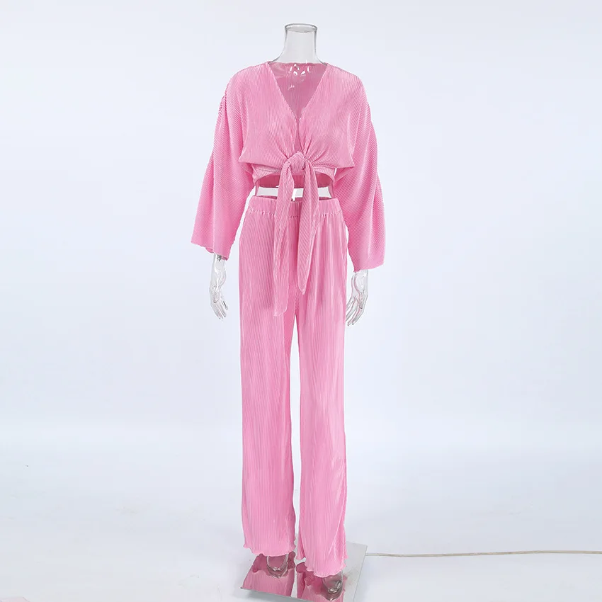 Jyate Pink Cross V-Neck Shirts And Pleated Trousers Two Pieces Sets Autumn 2024 Pleated Loose Vacation Outfits Women Pants Sets