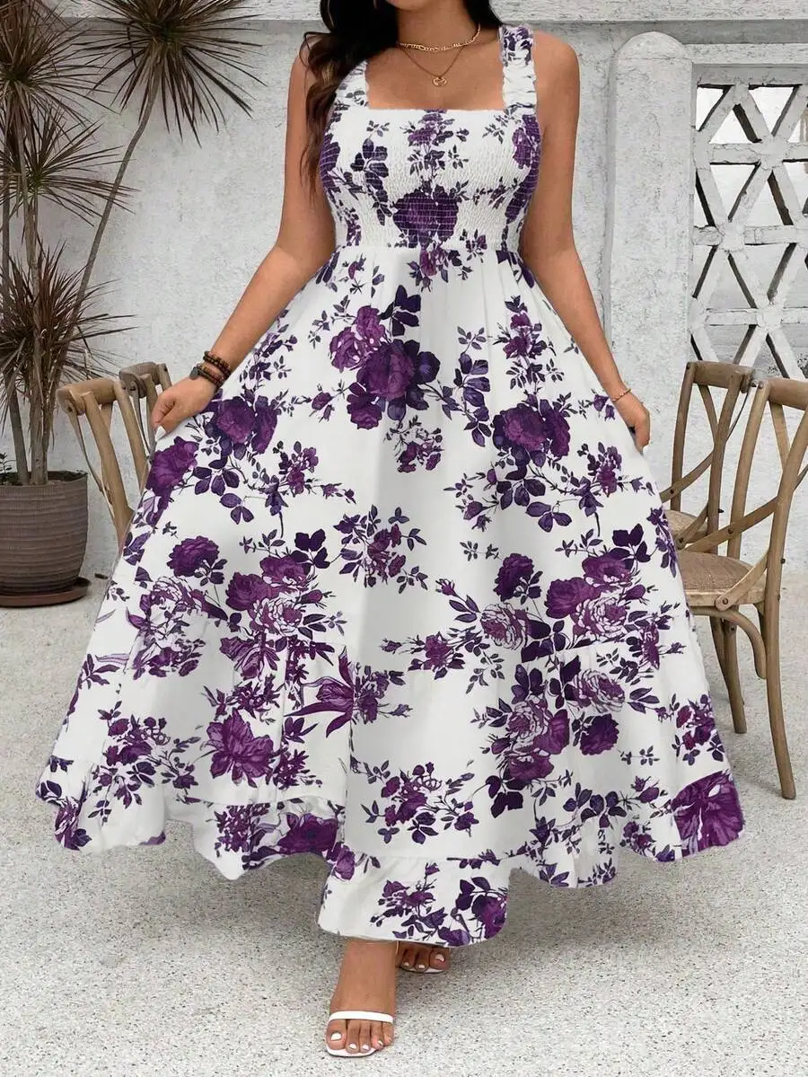 

Plus Size Women Floral Print Ruffle Hem Spaghetti Strap A-Line Maxi Dress Purple White