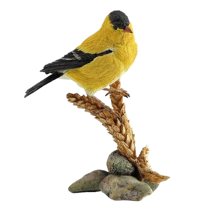 American Goldfinch Figurine Realistic Bird Statue On Wheat Stalk With Stone Base Wildlife Sculpture Desktop Home Decor Ornament