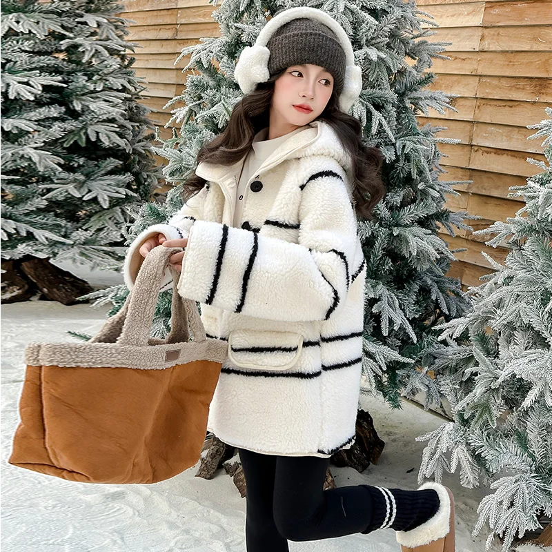 2025 Winter Children's Striped Fur Integrated Coat Autumn Girls' Warm Imitation Fur Cotton Coat Long Sleeve Woolen Sweater