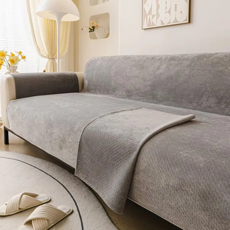 Beige Waterproof Cloud Velvet All-In-One Sofa Cover, Non-Slip Couch Slipcover Protector, 1/2/3 Seats for Living Room Home Decor