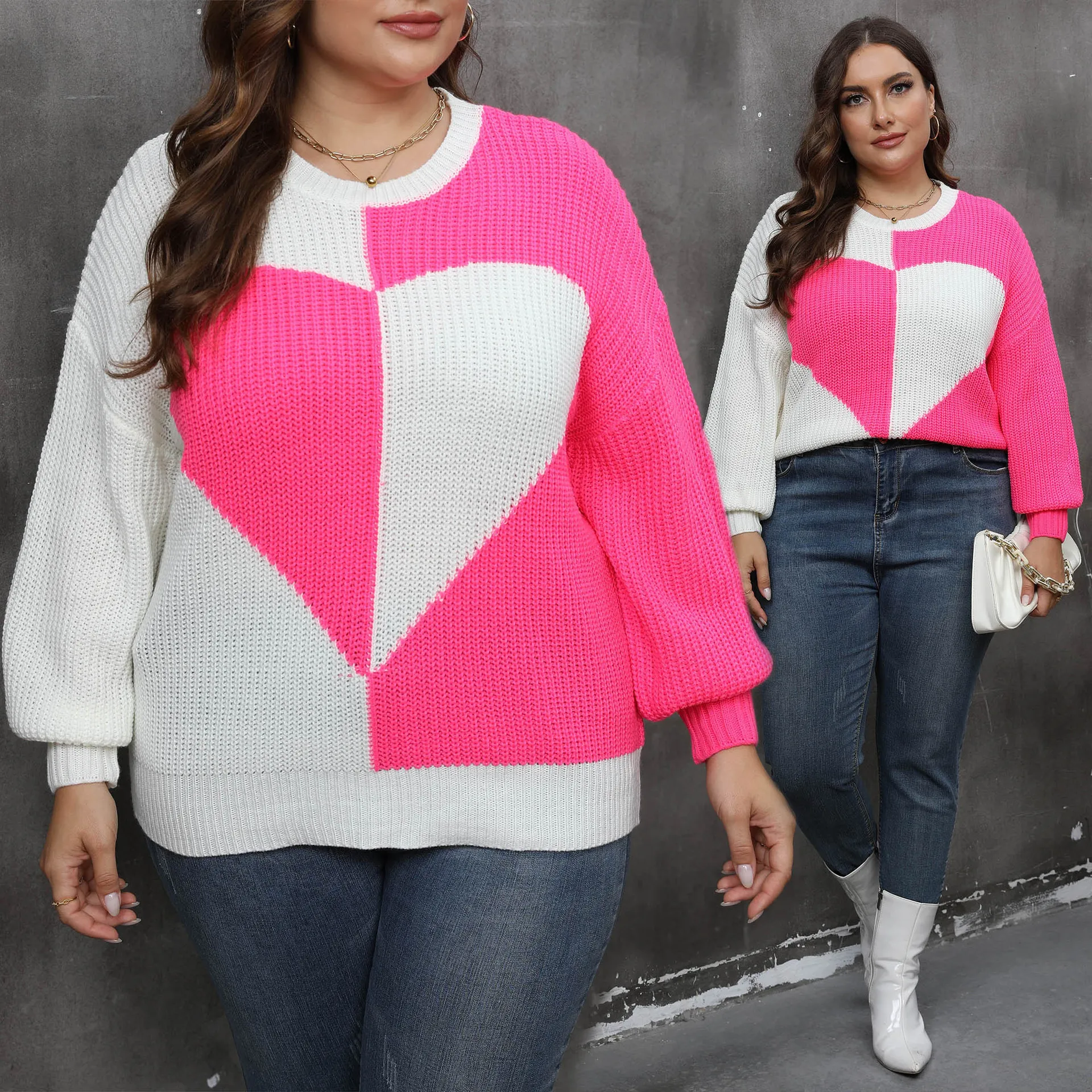 Plus Size Women's White Rose Red Patchwork Knitted Sweater O Neck Oversized Winter Clothing for Women Loose Fashion Autumn