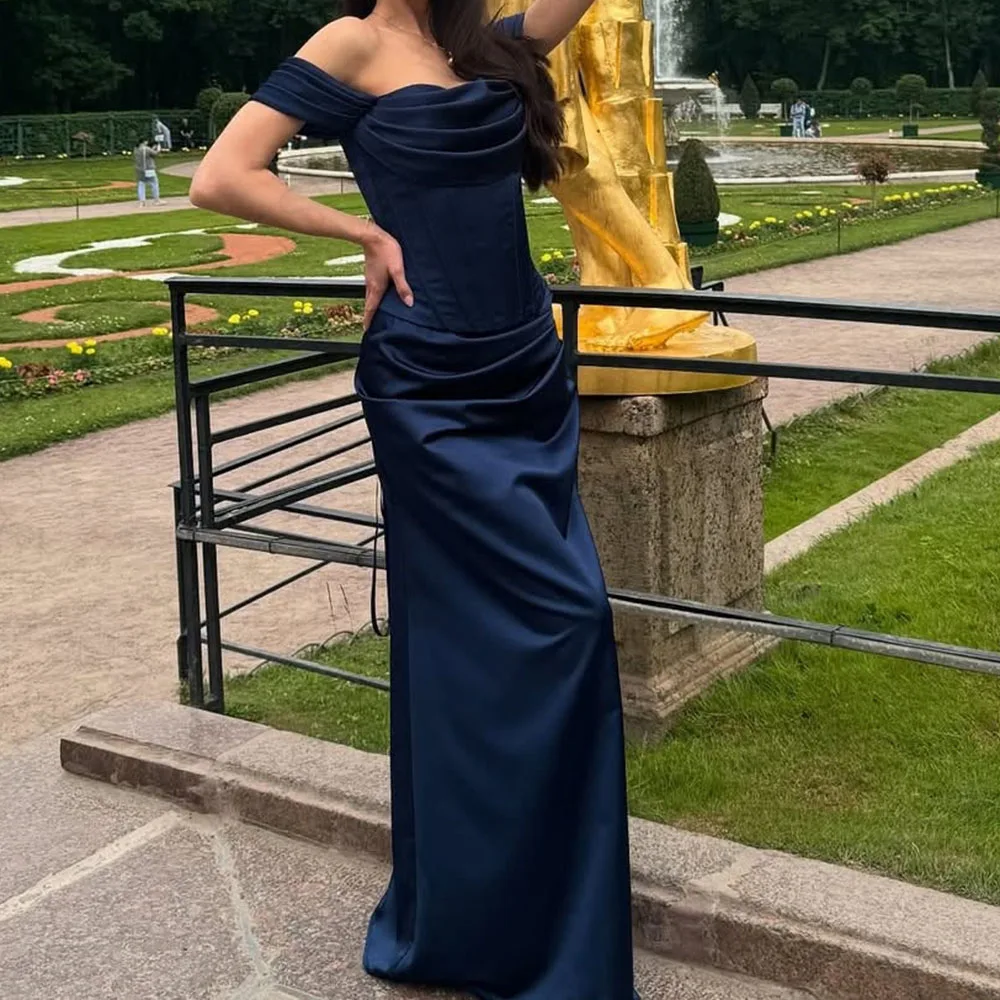

Customized A-Line Prom Dresses Floor-Length Off The Shoulder Sleeveless Evening Gown Fashion Pleat Backless Draped Party Gown