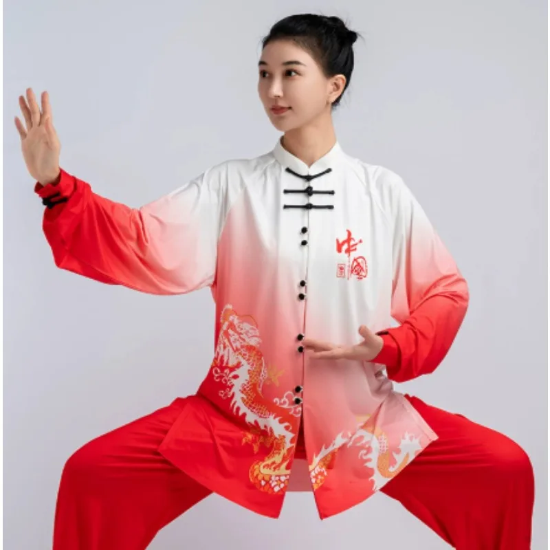 

2025 traditional chinese tai chi wushu uniform kungfu set national dragon print martial arts training exercise stage performance