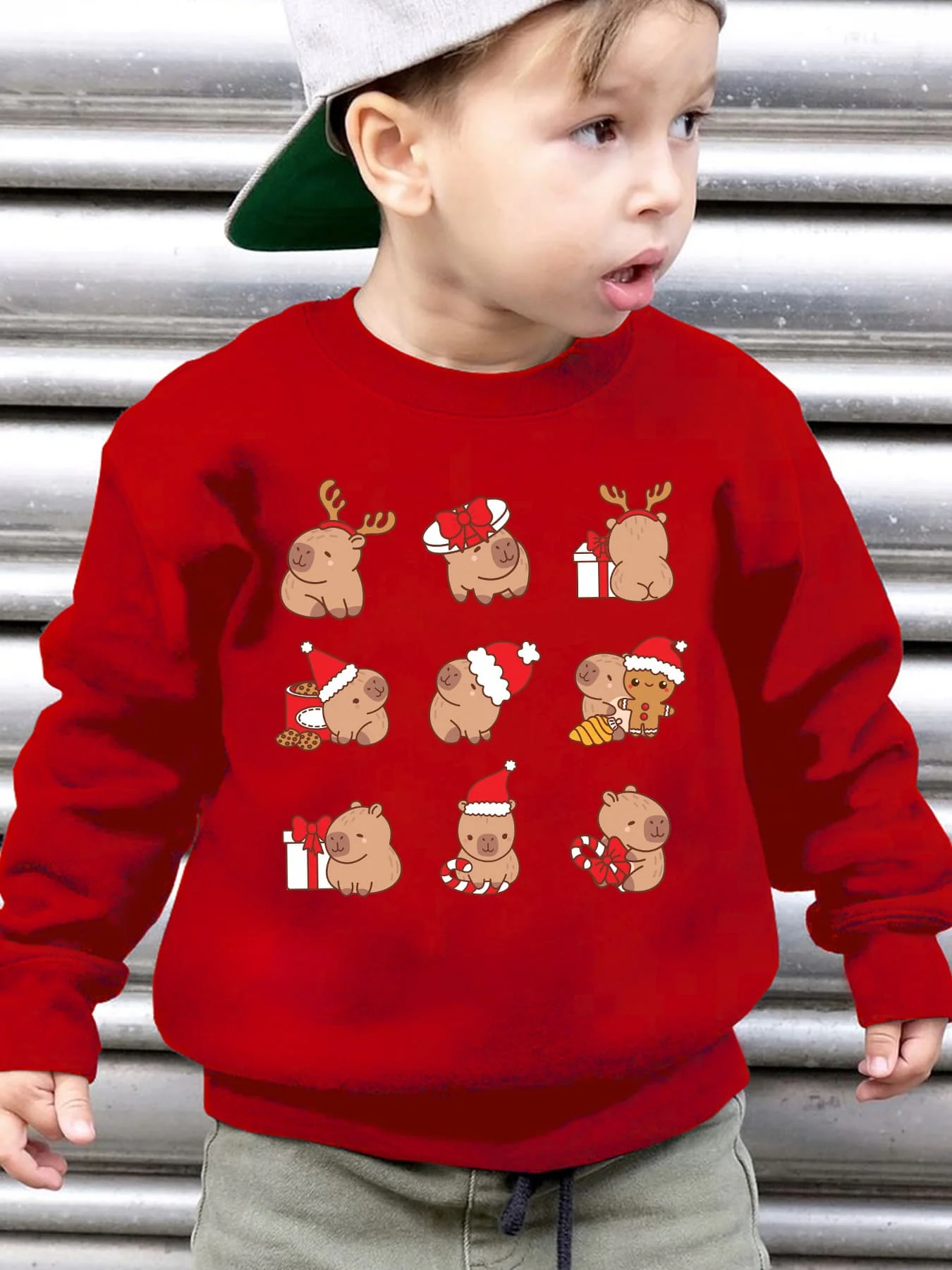 Boys' and girls' autumn/winter crew neck sweatshirt with reindeer gingerbread man elements and Kapi Balanine-square grid pattern