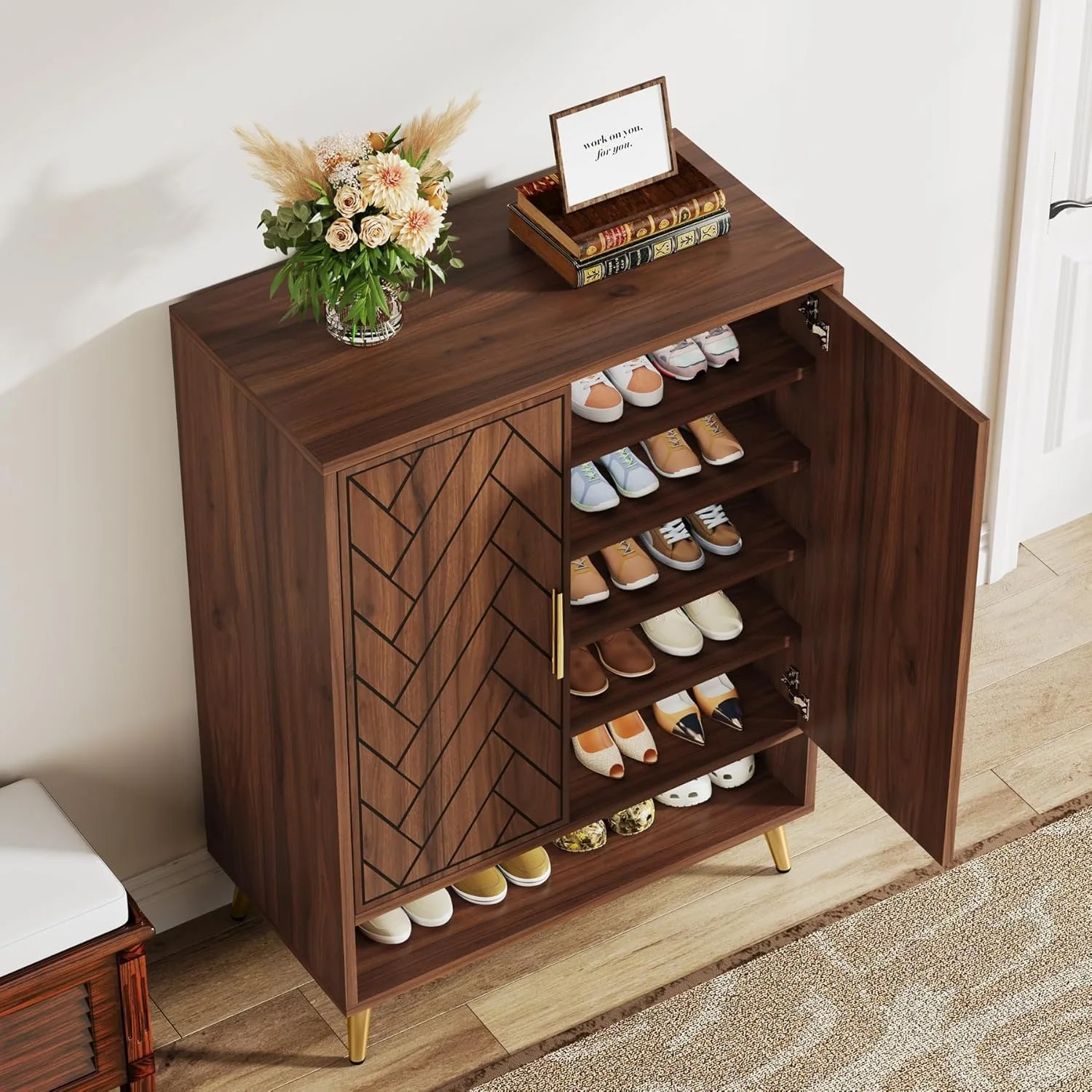 6-Tier Shoe Cabinet with Doors, Wooden Shoe Storage Cabinet with Adjustable Shelves for Entryway, Hallway, Bedroom (Walnut) image 5