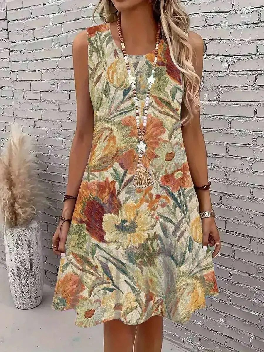 

Floral Print Sleeveless Dress With Pocket For Casual Leisure Wear