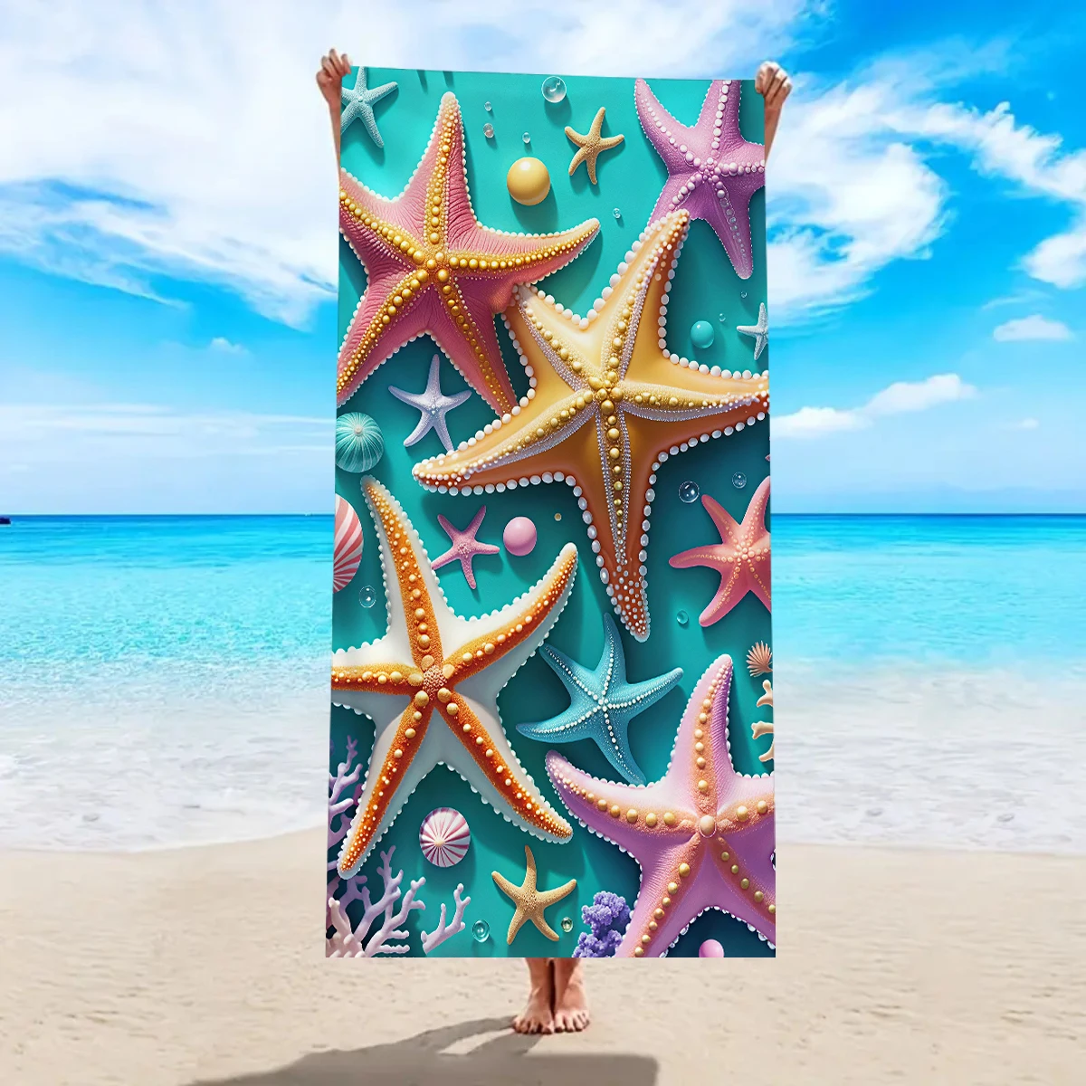 1pc Ocean Element Starfish Pattern Ultra-fine Fiber Beach Towel Suitable for Camping Beach Swimming Essential Beach Towels