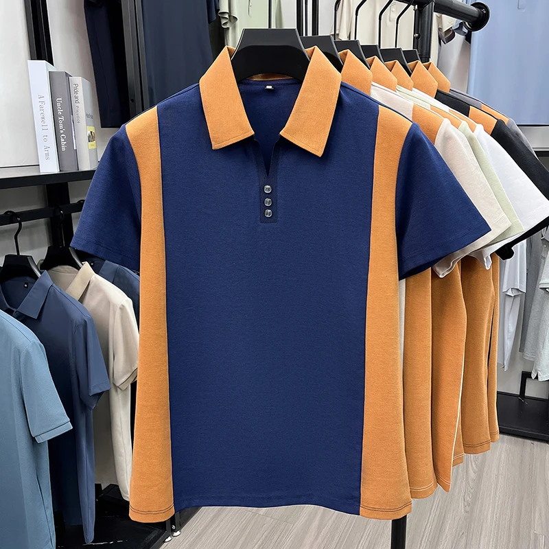 Hochwertiges Marken-Poloshirt aus Seide und Baumwolle mit kurzen Ärmeln bequemes atmungsaktives Herren-T-Shirt Sommer neue Mode Farbblockierung lässiges Oberteil – Detail 17