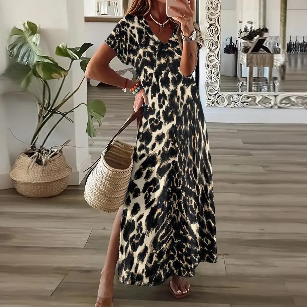 Leopard Printed Women's V-Neck Slit Dresses Summer Short Sleeves Long Dress Loose Oversize Holidays Clothing Fashions Streetwear