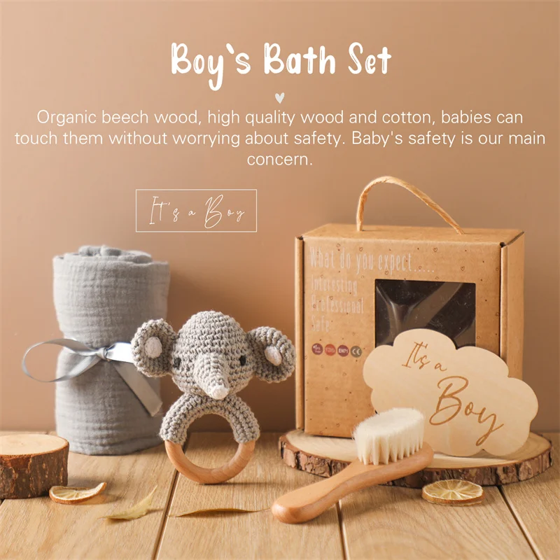 Baby Bath Set Baby Teether Rattle Brush Milestone Card Photography Prop Newborn Nursing Products Bath Toy Set Newborn Gift