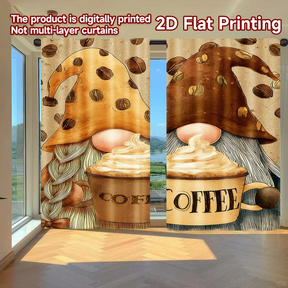 

2D flat printing 2pcs Window Curtains Gnomes With Coffee Cups Digital Printed Polyester Drapes Family Party Decoration Use for