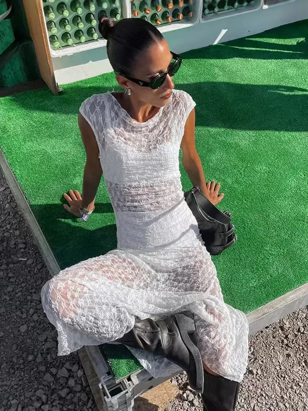 Falda playera Dr Vaion de encaje transparente, Sexy, cintura alta, corte en A, larga, redonda, Color puro, tela fina de verano