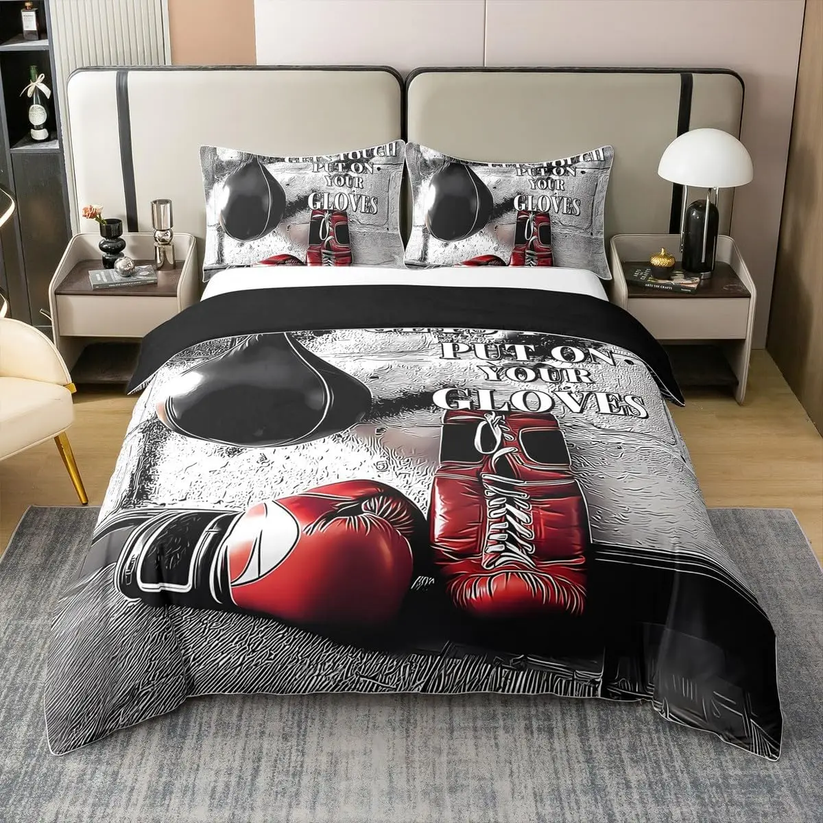 Boxing Bedding Set Double Red Black Boxing Gloves Duvet Cover Set 3pcs Motivational Quotes Sports Quilt Cover for Boys Men