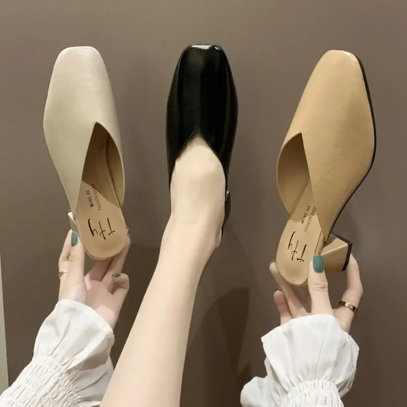 Baotou Half Slippers Women 2024 Summer New Outer Wear Fashion Solid Color Square Toe Thick Heel High-heeled Women\'s Shoes