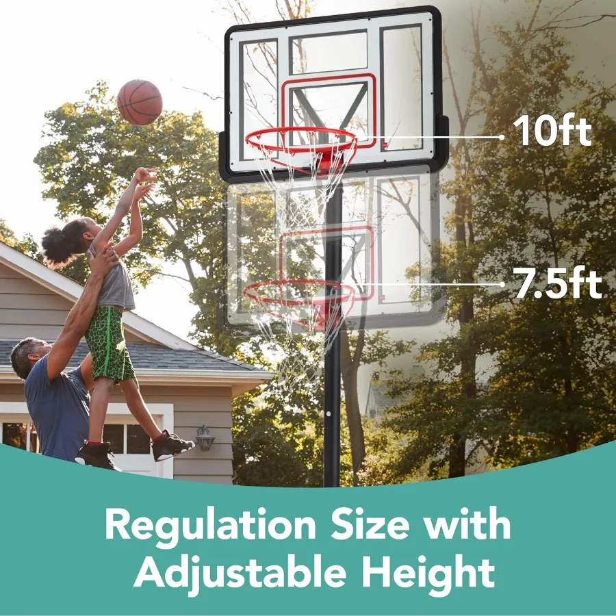10ft Regulation Basketball Hoop with 7.510ft Height Adjustable Outdoor Goal Featuring Shock Absorbent Rim Base Gel for Stabilit