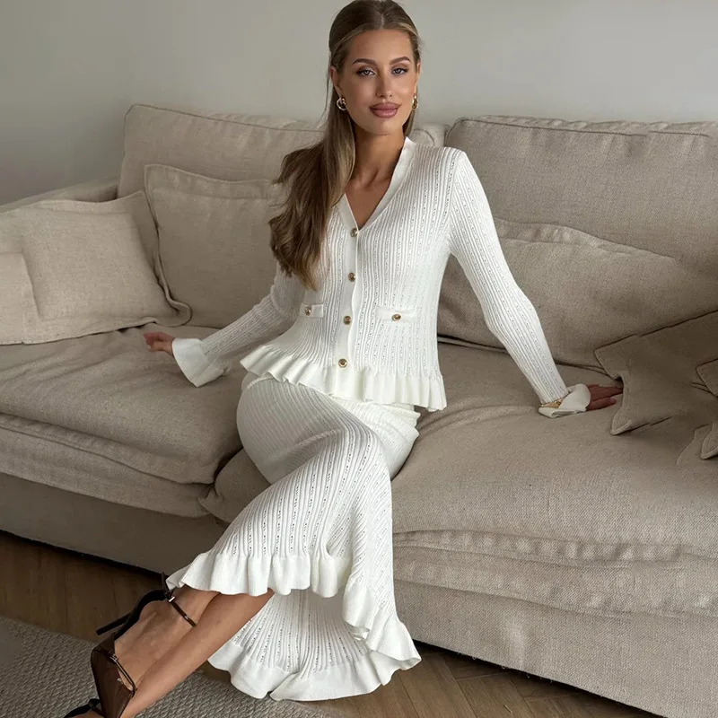 티켓엑스 브이넥 니트 드레스 세트 우아한 버튼 러플 스크류 스레드 패치워크 롱 드레스 세트 빈티지 오피스 레이디 스트리트 드레스 세트