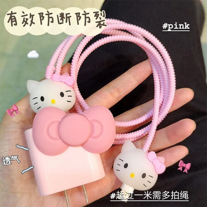 Sanrio Bow Hello Kitty Kawaii Data Cable Protective Cover Apple 14promax suitable for iPhone13 charger case 15 anti-breakage