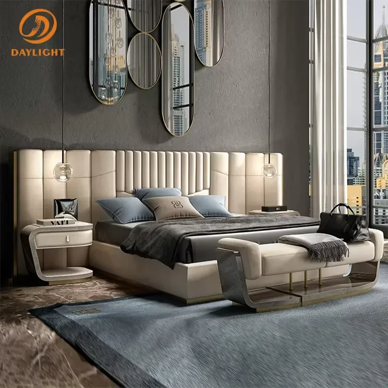 Modern Bedroom Furniture Set Vertical Tufted Upholstered Bed Curved Nightstand Bench Luxury Home Decor Suite
