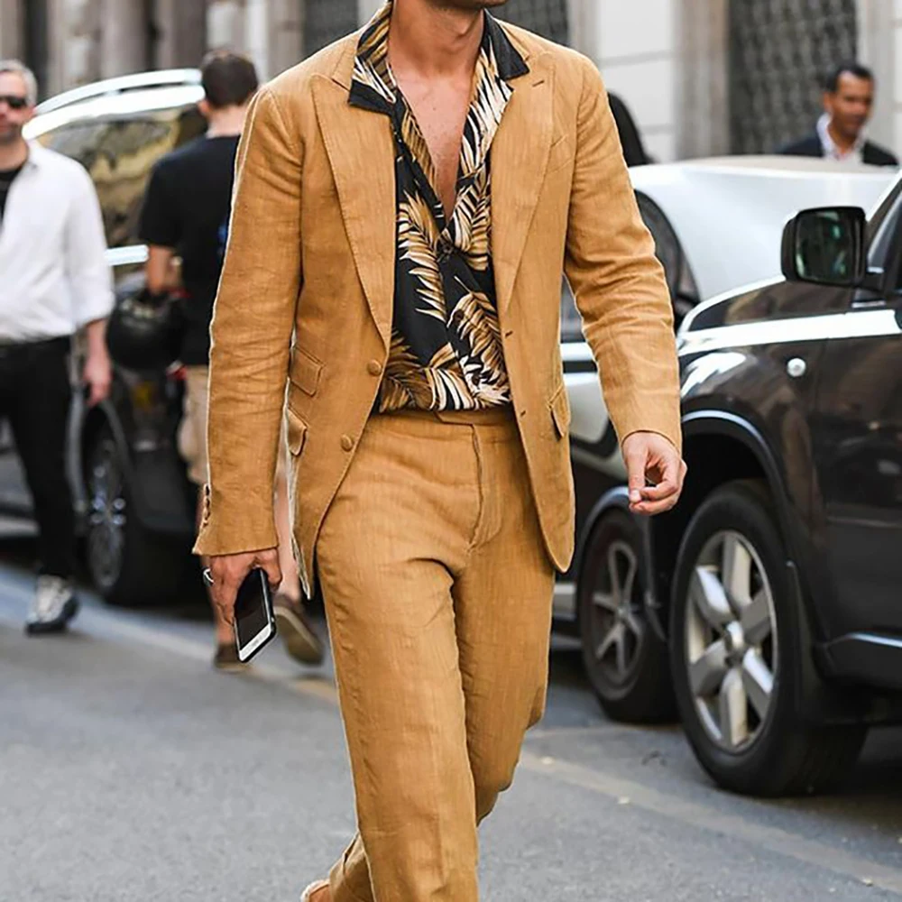 

Linen Suits for Men Casual 2 Piece Set Single Breasted Peaked Lapel Blazer Daily Streetwear Shopping Outfit Free Customization