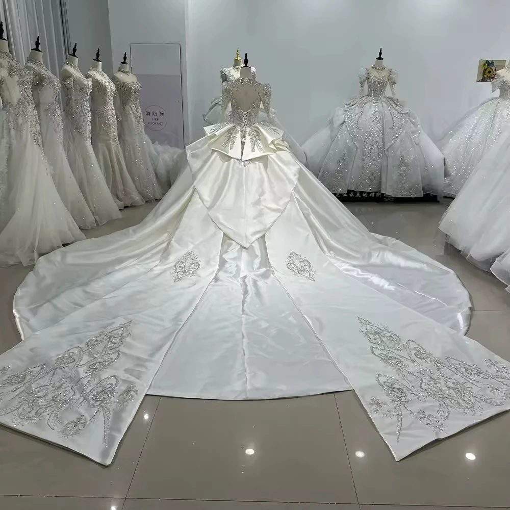 فستان زفاف من Fساتين اعراس نسائي بأكمام طويلة مع رسن وأربطة وفتحة خلفية مطرزة بالخرز فستان زفاف مخصص