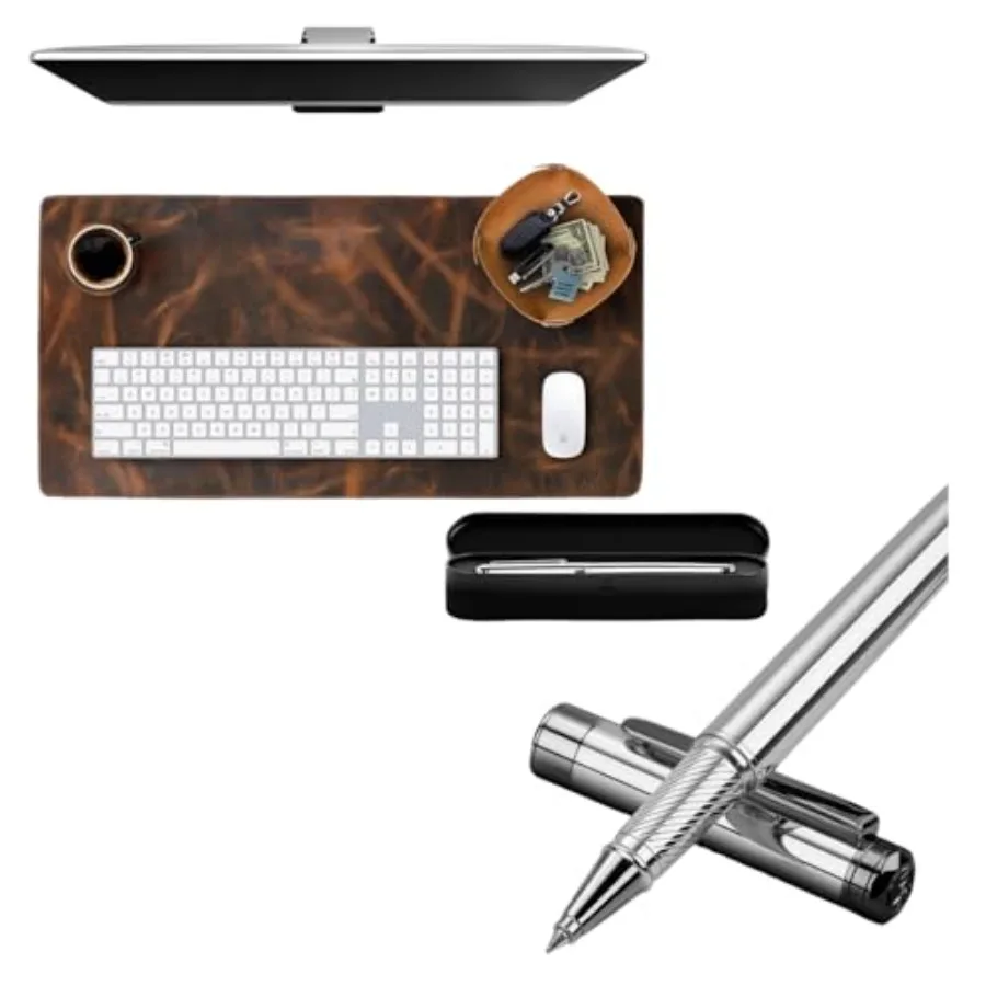 Luxury Rollerball Pen and 2-Layer Leather Desk Mat Bundle Chrome Silver Executive Pen with Schmidt Ink and Large 3mm Desk Pad B