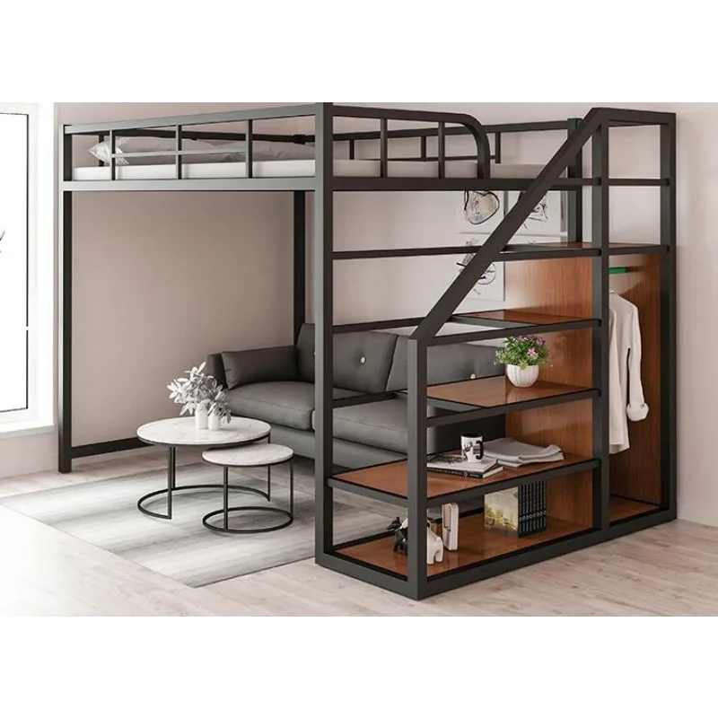 Iron work elevated bed empty single upper floor space saving attic bunk apartment high and low iron frame bed