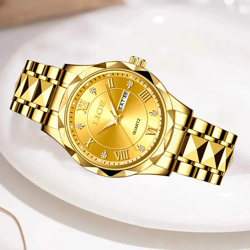 LIGE Ladies Wristwatch Luxury Waterproof Luminous Date Gold Watch For Women Dress Stainless Steel Quartz Women\'s Watches+Box