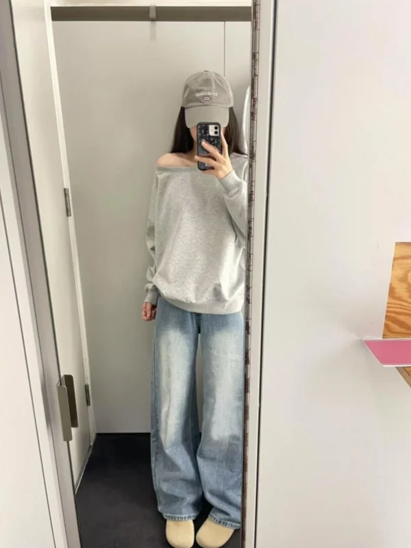 

Американский свитшот в стиле High Street для женщин, с длинными рукавами, свободного кроя, с открытыми плечами, в стиле Lazy Chic, универсальный тонкий топ, осенняя новинка