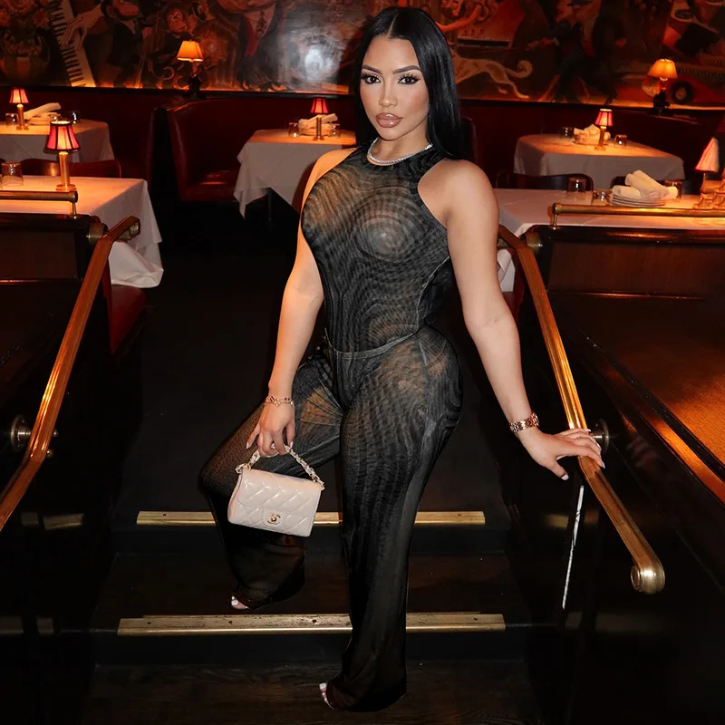 STILVOLLE DAME Geometrisch bedrucktes Sport-2-teiliges Set Damen Ärmelloser Body und Hosenanzüge mit weitem Bein 2025, Sommer-Sexy-Outfits