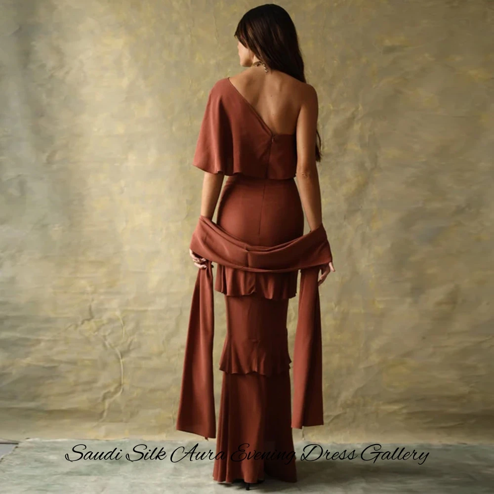 Customized  High Quality Russet Jersey Evening Dress Mermaid One Shoulder Party Dress Ribbons Celebrity Gowns High Qual