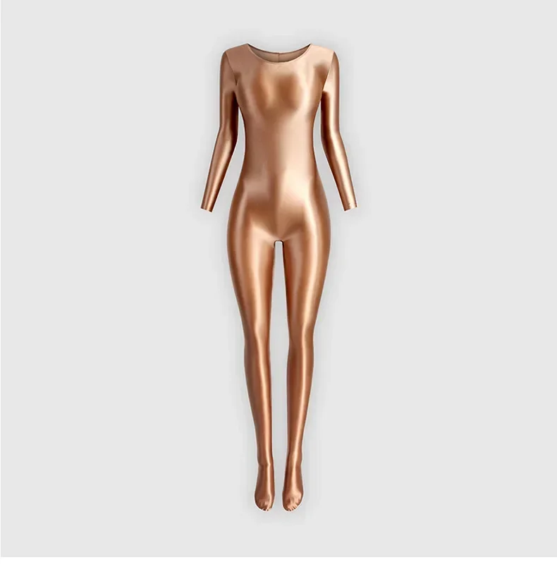 Women Long Sleeve Tight Glossy Dance Jumpsuit Bodysuit Yoga Solid Shaped Practice Rhythmic Gymnastics Leotard Swimsuit Dancewear