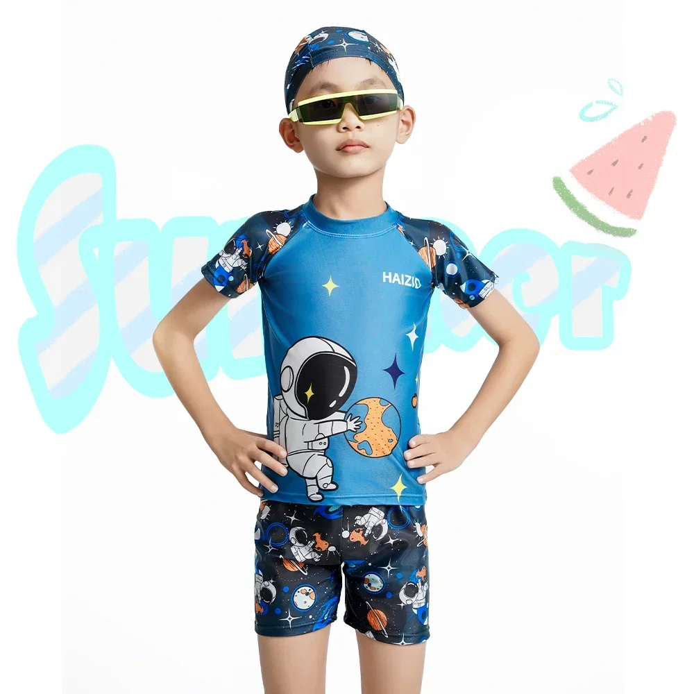 2024 Children\'s New Swimsuit Cartoon Pattern Children\'s Swimwear Boys Split Design Suitable Swimming Suit Beachwear with Hat