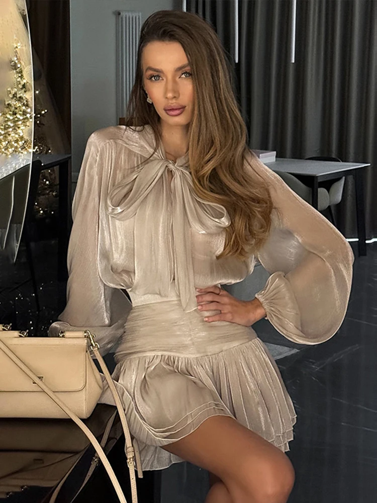 

Fantoye Shiny Bright Silk Sexy Sheer Ruffles Women Skirt Sets Lantern Sleeve Bandage Blouses Cinched Waist Skirt Party Clothing