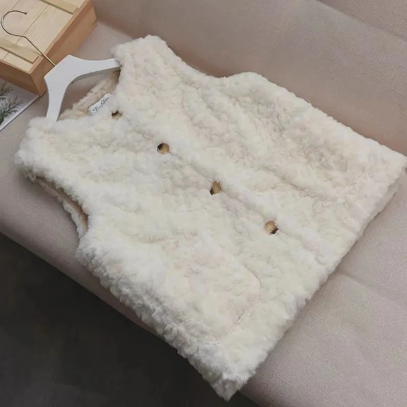 Women's Short Vest Jacket Fashion Thick Round neck Lambswool sleeveless Coat Fashion Single breasted Casual Short Waistcoat top