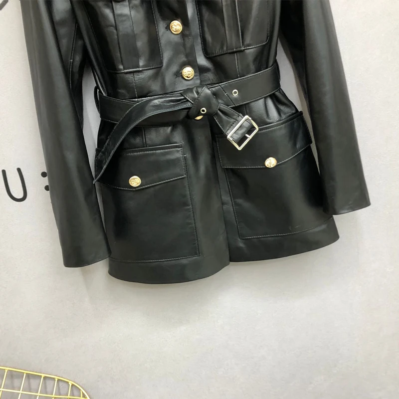 Vestes Vintage multi-poches en cuir véritable pour femmes, manteaux de costume chic en peau de mouton à simple boutonnage avec ceinture à lacets, nouvelle collection 2025