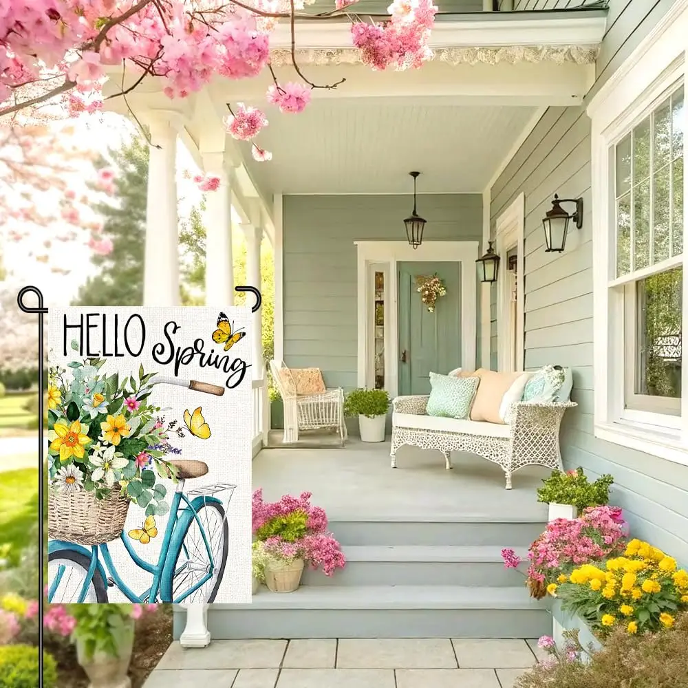 Spring Garden Flag 12x18, Hello Spring Bicycle Flower Basket Yard Flag, Double Sided Outdoor Burlap Decor for Spring Season  AAS