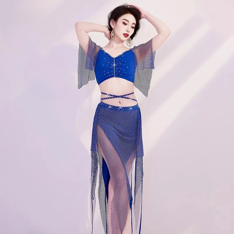 Trajes de dança do ventre personalizados brilhando conjunto de vestido de performance de dança oriental vestido de prática top de malha e saia